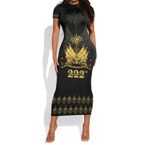 Ayiti 222nd Independence Day Anniversary Short Sleeve Bodycon Dress Haiti Gold VeVe Pattern LT01