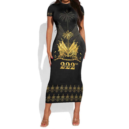 Ayiti 222nd Independence Day Anniversary Short Sleeve Bodycon Dress Haiti Gold VeVe Pattern LT01