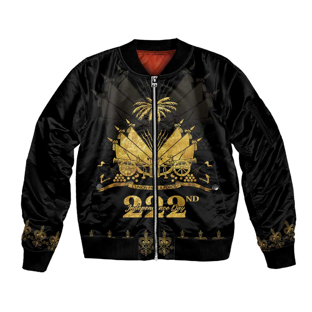 Ayiti 222nd Independence Day Anniversary Sleeve Zip Bomber Jacket Haiti Gold VeVe Pattern - African Pride