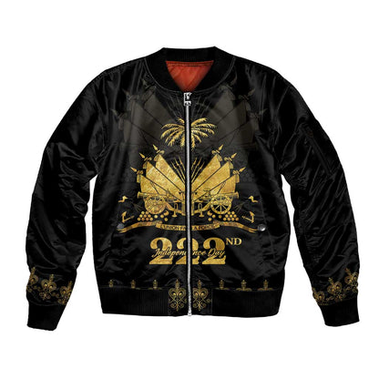 Ayiti 222nd Independence Day Anniversary Sleeve Zip Bomber Jacket Haiti Gold VeVe Pattern - African Pride
