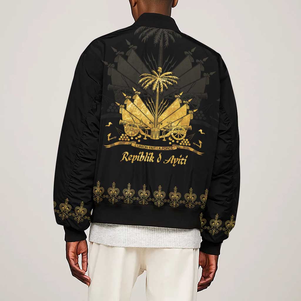 Ayiti 222nd Independence Day Anniversary Sleeve Zip Bomber Jacket Haiti Gold VeVe Pattern - African Pride