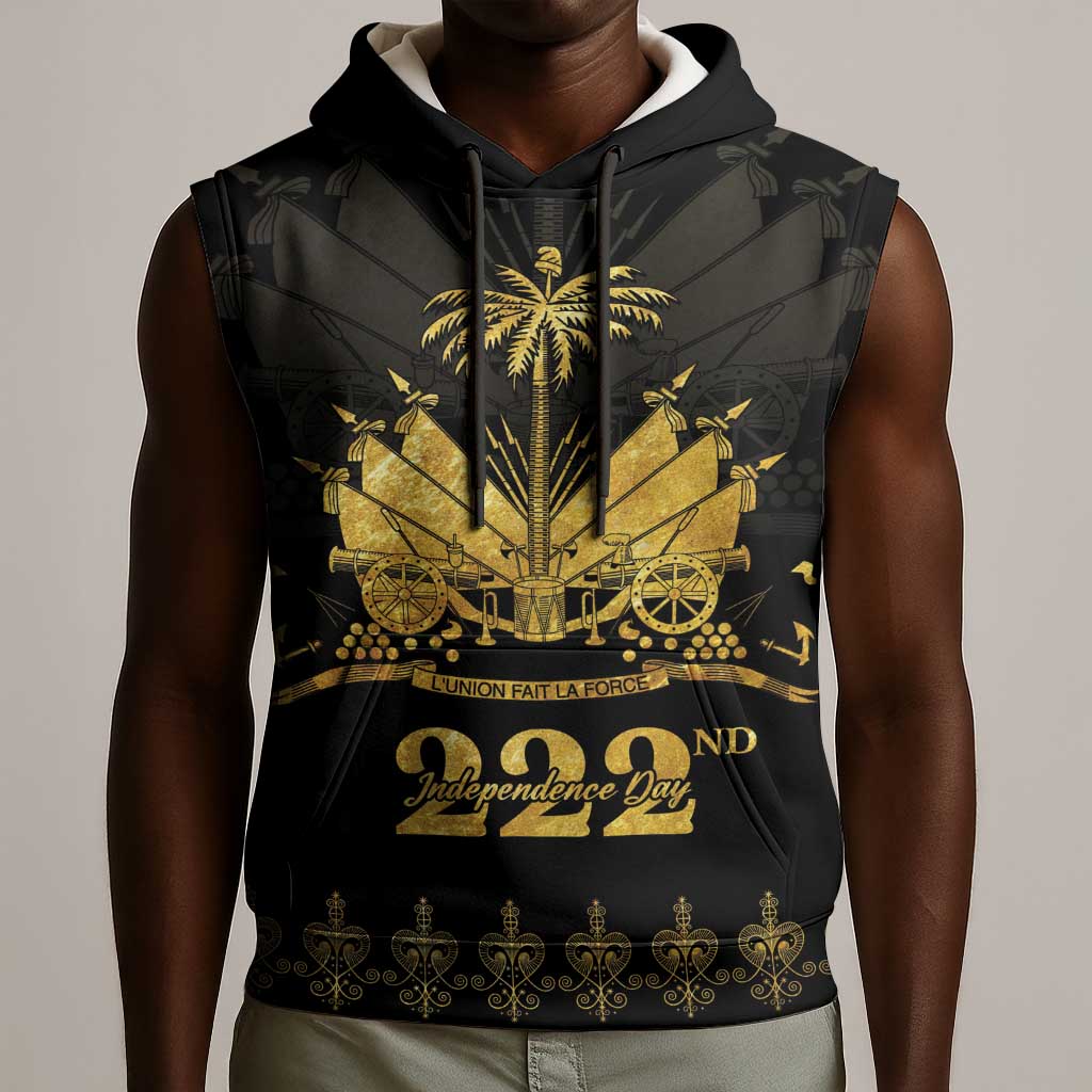 Ayiti 222nd Independence Day Anniversary Sleeveless Hoodie Haiti Gold VeVe Pattern - African Pride
