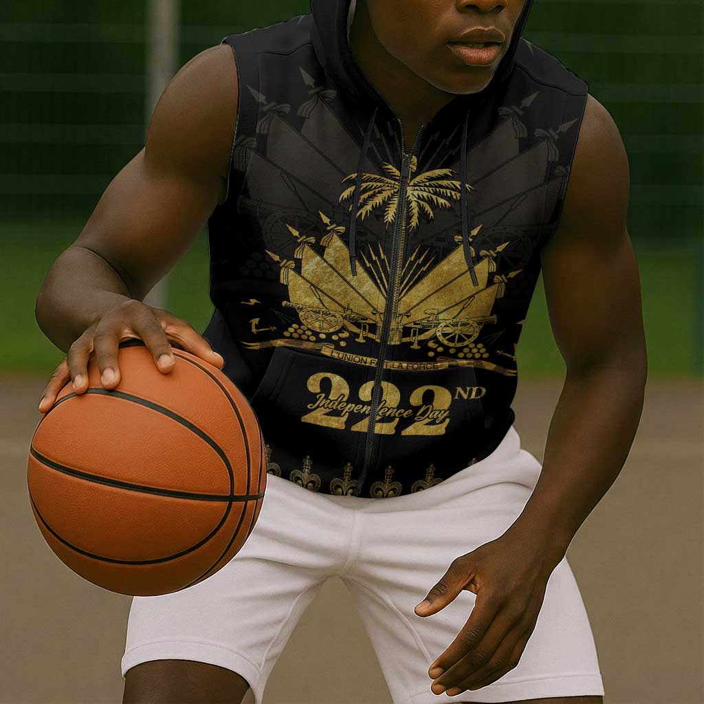 Ayiti 222nd Independence Day Anniversary Sleeveless Zip Hoodie Haiti Gold VeVe Pattern - African Pride