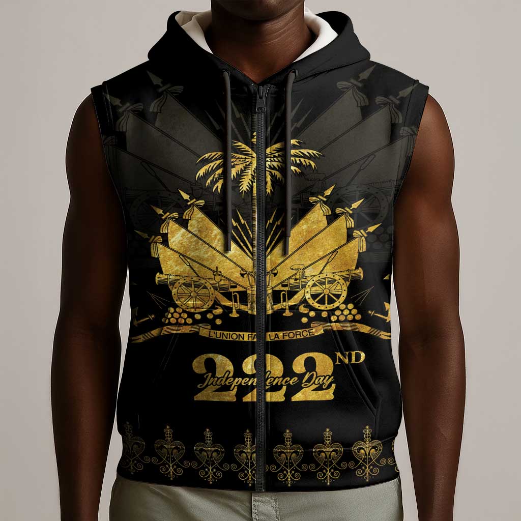 Ayiti 222nd Independence Day Anniversary Sleeveless Zip Hoodie Haiti Gold VeVe Pattern - African Pride