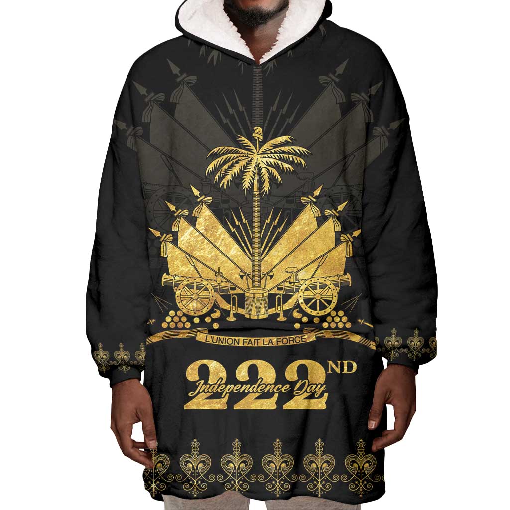 Ayiti 222nd Independence Day Anniversary Wearable Blanket Hoodie Haiti Gold VeVe Pattern - African Pride