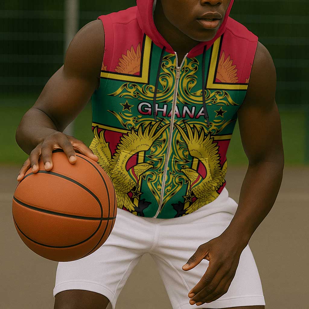 Custom Ghana Sleeveless Zip Hoodie with Cross of Saint George and Tawny Eagles - African Pride