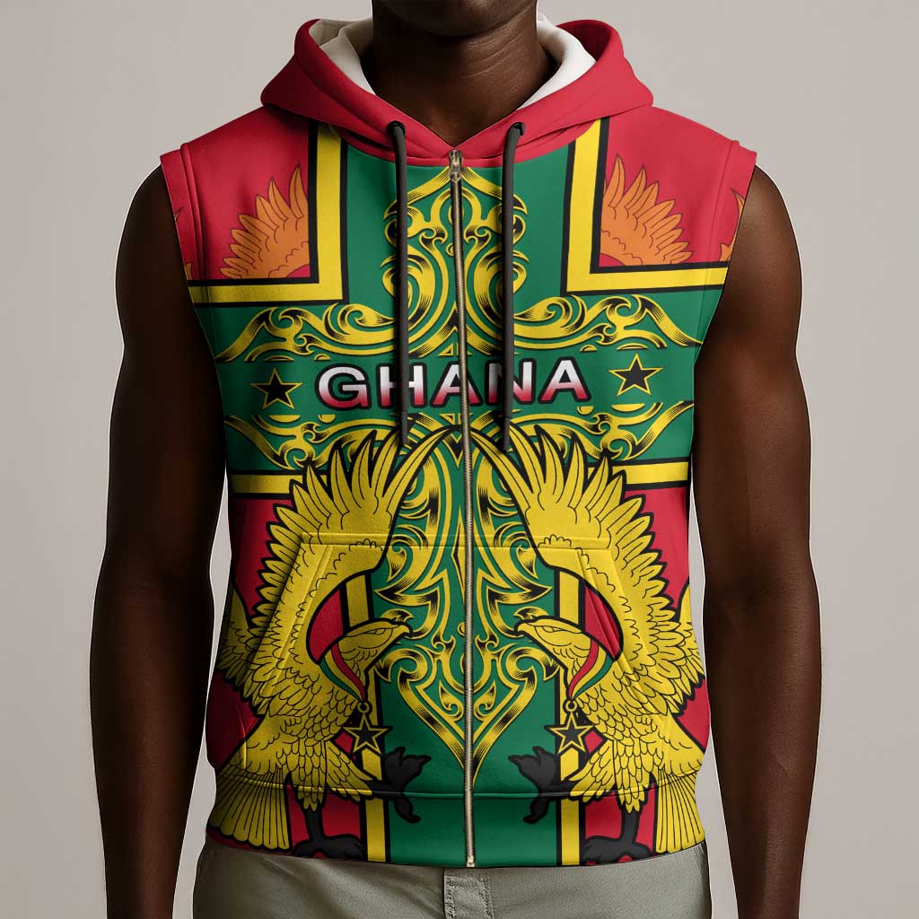 Custom Ghana Sleeveless Zip Hoodie with Cross of Saint George and Tawny Eagles - African Pride
