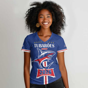 Custom Cape Verde 2026 Football Women V-Neck T-Shirt Blue Sharks WC Debut - African Pride