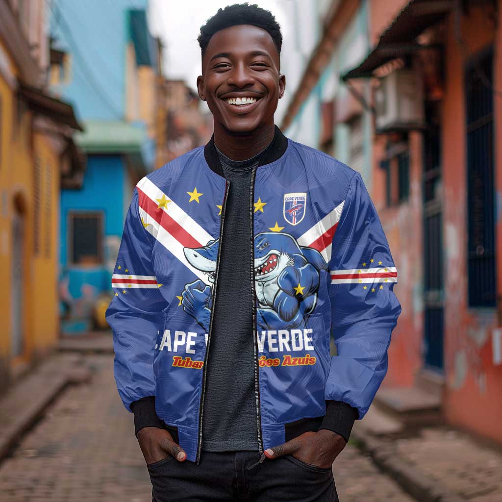 Custom Cape Verde Football Bomber Jacket Tubaroes Azuis Make History - African Pride