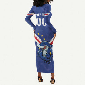 Custom Cape Verde Football Long Sleeve Bodycon Dress Tubaroes Azuis Make History - African Pride