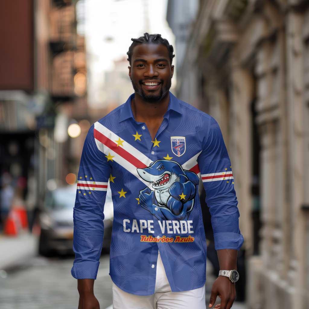 Custom Cape Verde Football Long Sleeve Button Shirt Tubaroes Azuis Make History - African Pride