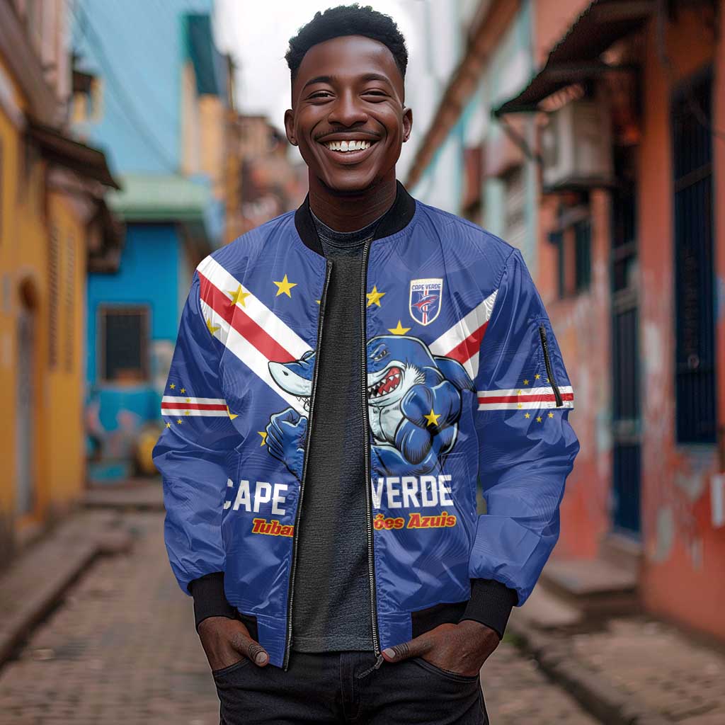 Custom Cape Verde Football Sleeve Zip Bomber Jacket Tubaroes Azuis Make History - African Pride