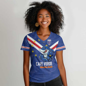 Custom Cape Verde Football Women V-Neck T-Shirt Tubaroes Azuis Make History - African Pride