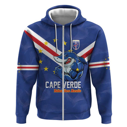 Custom Cape Verde Football Zip Hoodie Tubaroes Azuis Make History - African Pride