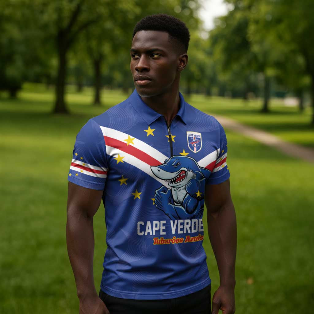 Custom Cape Verde Football Zipper Polo Shirt Tubaroes Azuis Make History