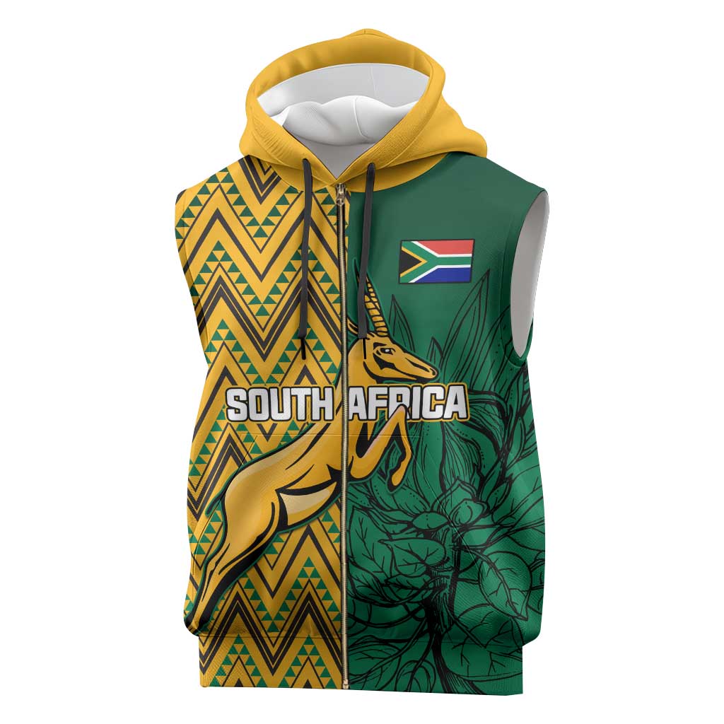 Personalized South Africa Sleeveless Zip Hoodie with Springbok and Proteas African Pattern - African Pride
