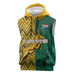 Personalized South Africa Sleeveless Zip Hoodie with Springbok and Proteas African Pattern - African Pride