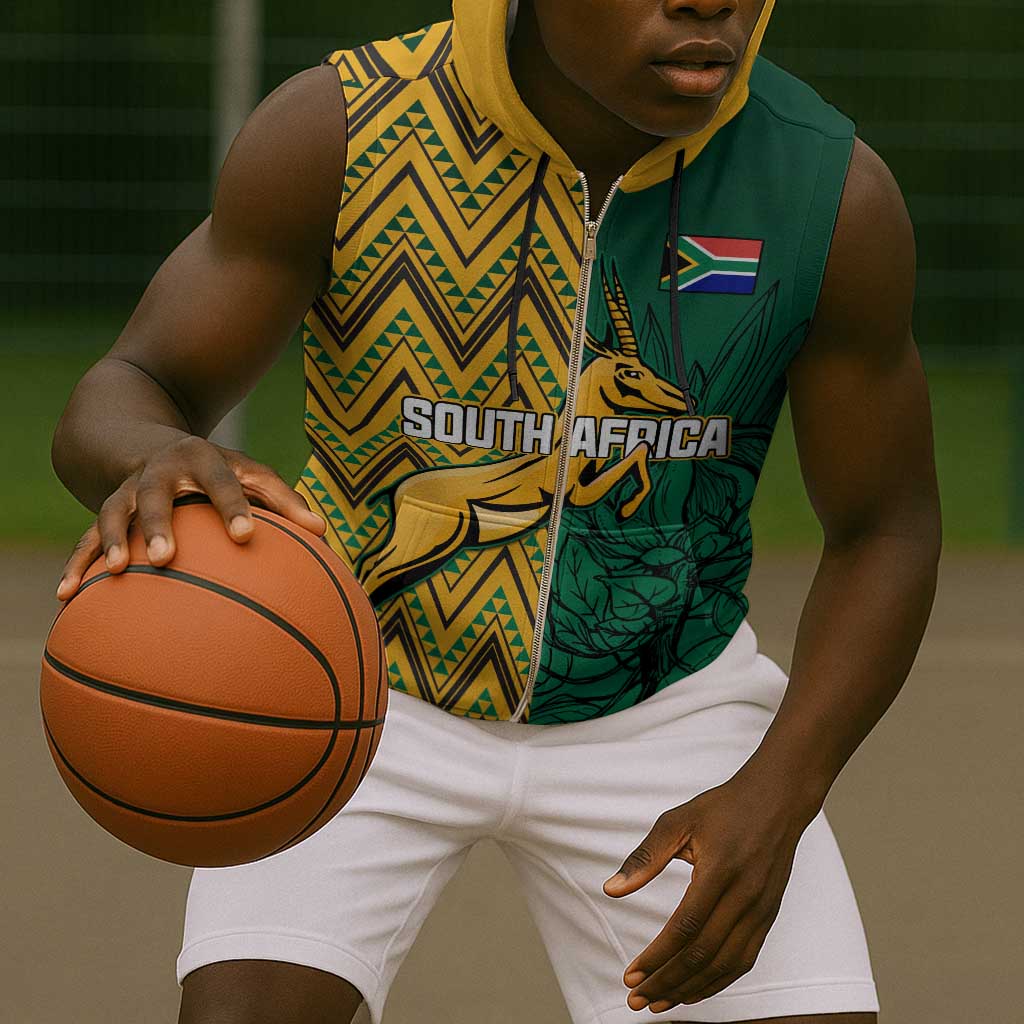 Personalized South Africa Sleeveless Zip Hoodie with Springbok and Proteas African Pattern - African Pride