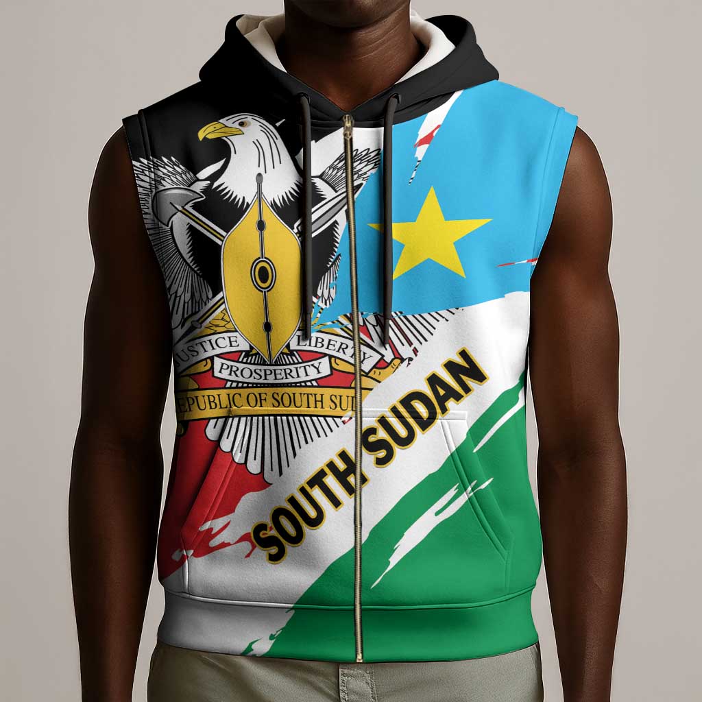 Personalized South Sudan Sleeveless Zip Hoodie East Africa - Grunge Flag Unique - African Pride