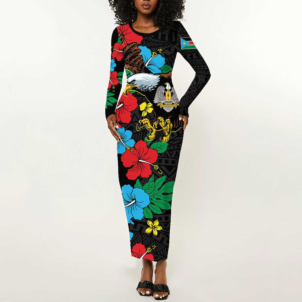 South Sudan Long Sleeve Bodycon Dress African Pattern Hibiscus Floral LT01