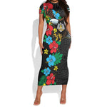 South Sudan Short Sleeve Bodycon Dress African Pattern Hibiscus Floral LT01