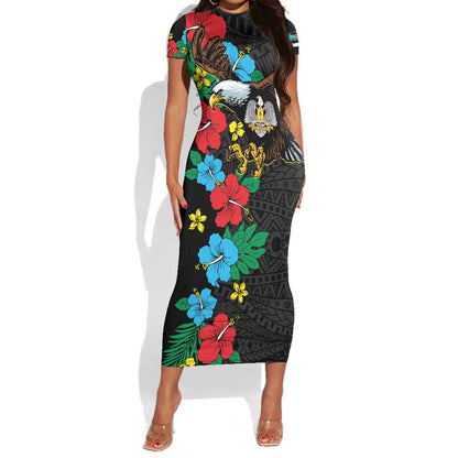 South Sudan Short Sleeve Bodycon Dress African Pattern Hibiscus Floral LT01