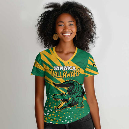 Custom Afro Jamaica Cricket Tallawahs Women V-Neck T-Shirt Fi Wi Tallawahs Champions