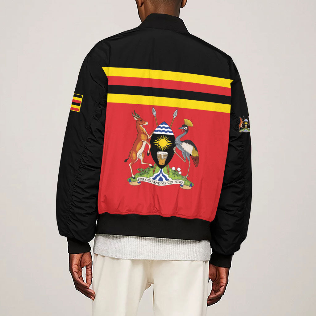 Uganda Flag Stylized Sleeve Zip Bomber Jacket Jamhuri ya Uganda