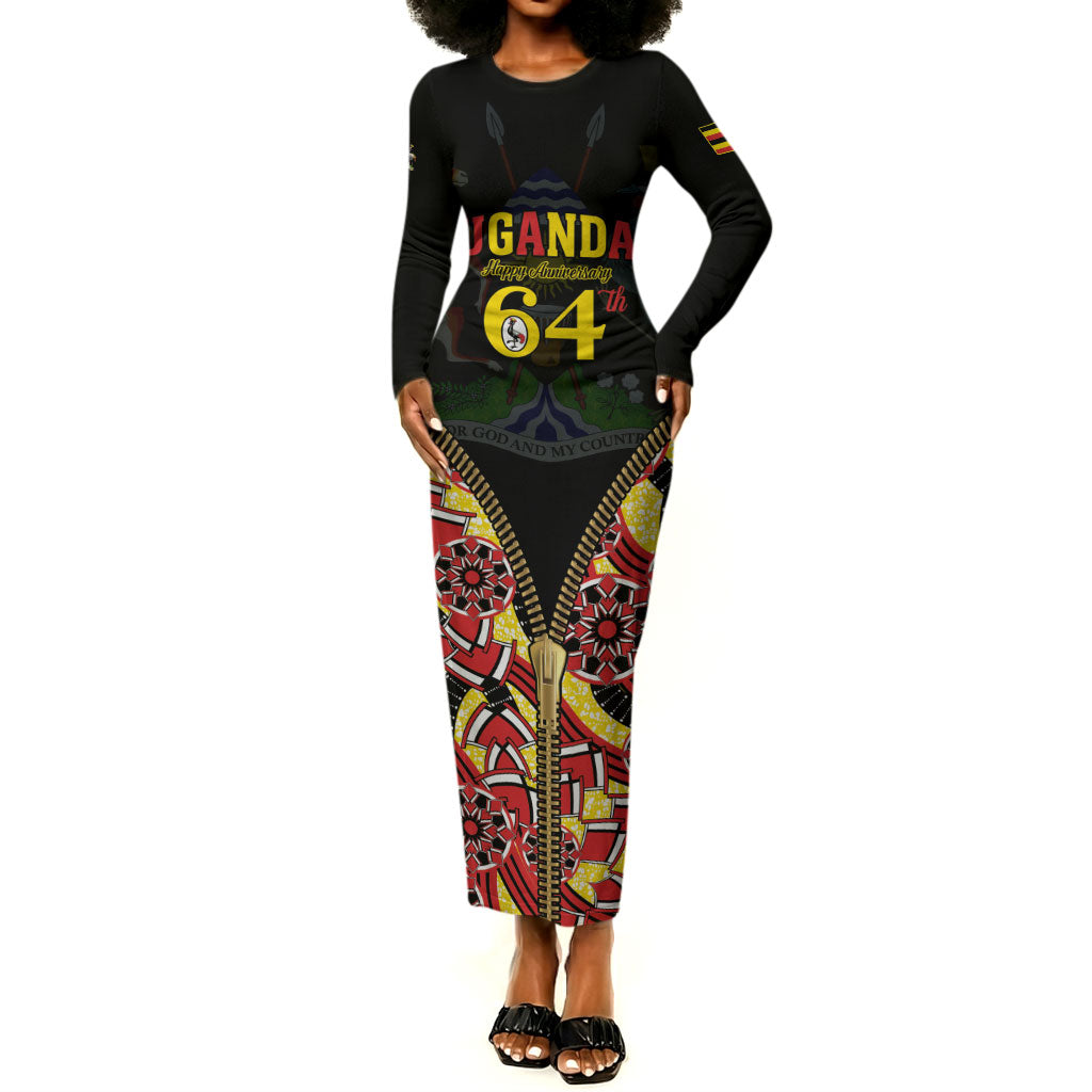 Personalised Uganda 64th Anniversary Long Sleeve Bodycon Dress Happy Independence Day