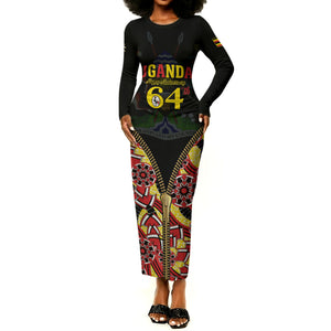 Personalised Uganda 64th Anniversary Long Sleeve Bodycon Dress Happy Independence Day