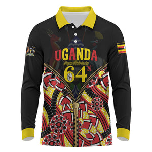 Personalised Uganda 64th Anniversary Long Sleeve Polo Shirt Happy Independence Day