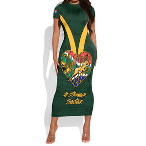 Custom South Africa Rugby Short Sleeve Bodycon Dress - Stronger Together, Stronger Forever, Bokke World Cup LT01