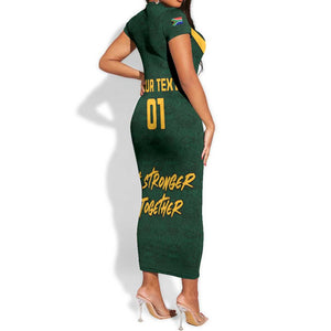 Custom South Africa Rugby Short Sleeve Bodycon Dress - Stronger Together, Stronger Forever, Bokke World Cup LT01