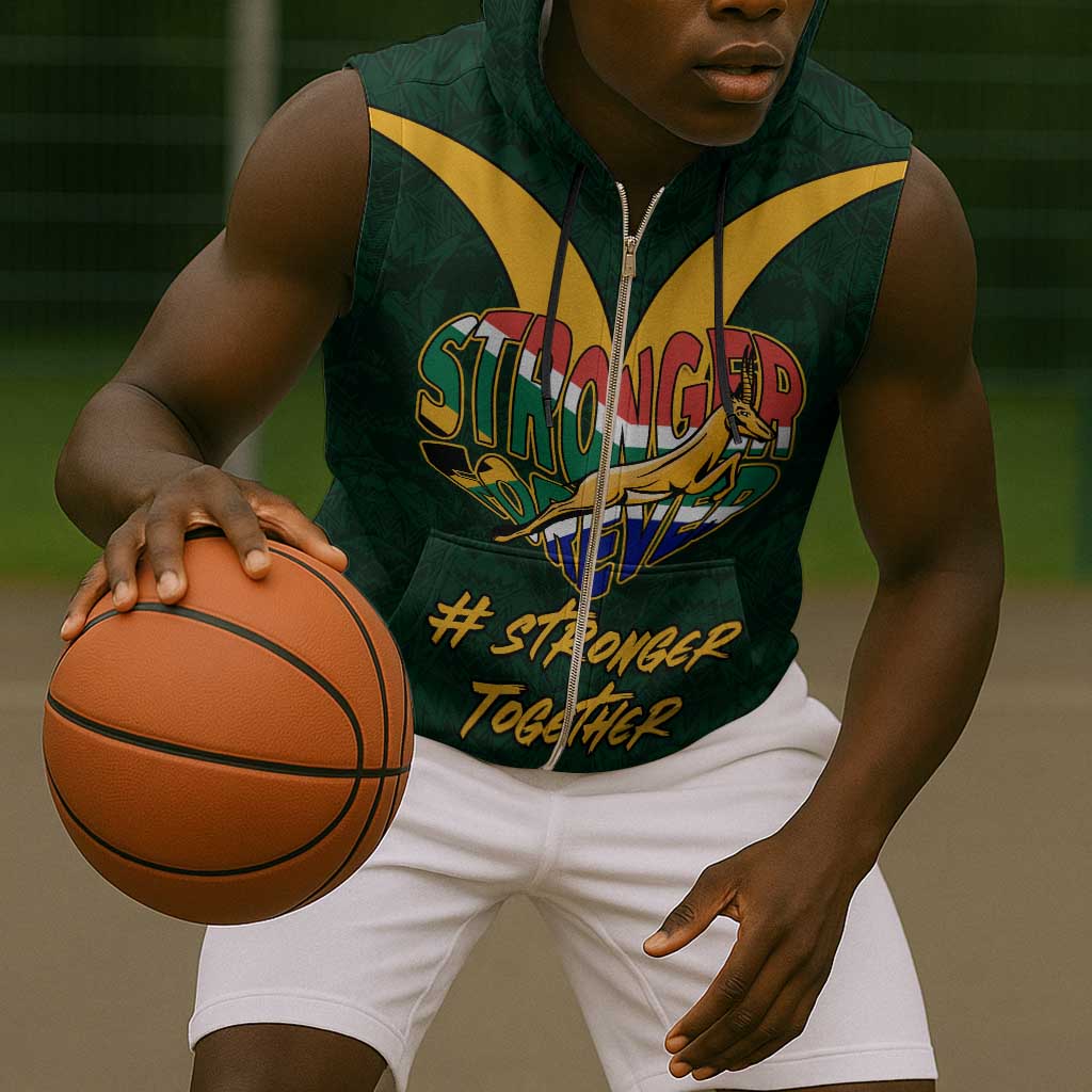 Custom South Africa Rugby Sleeveless Zip Hoodie - Stronger Together, Stronger Forever, Bokke World Cup - African Pride