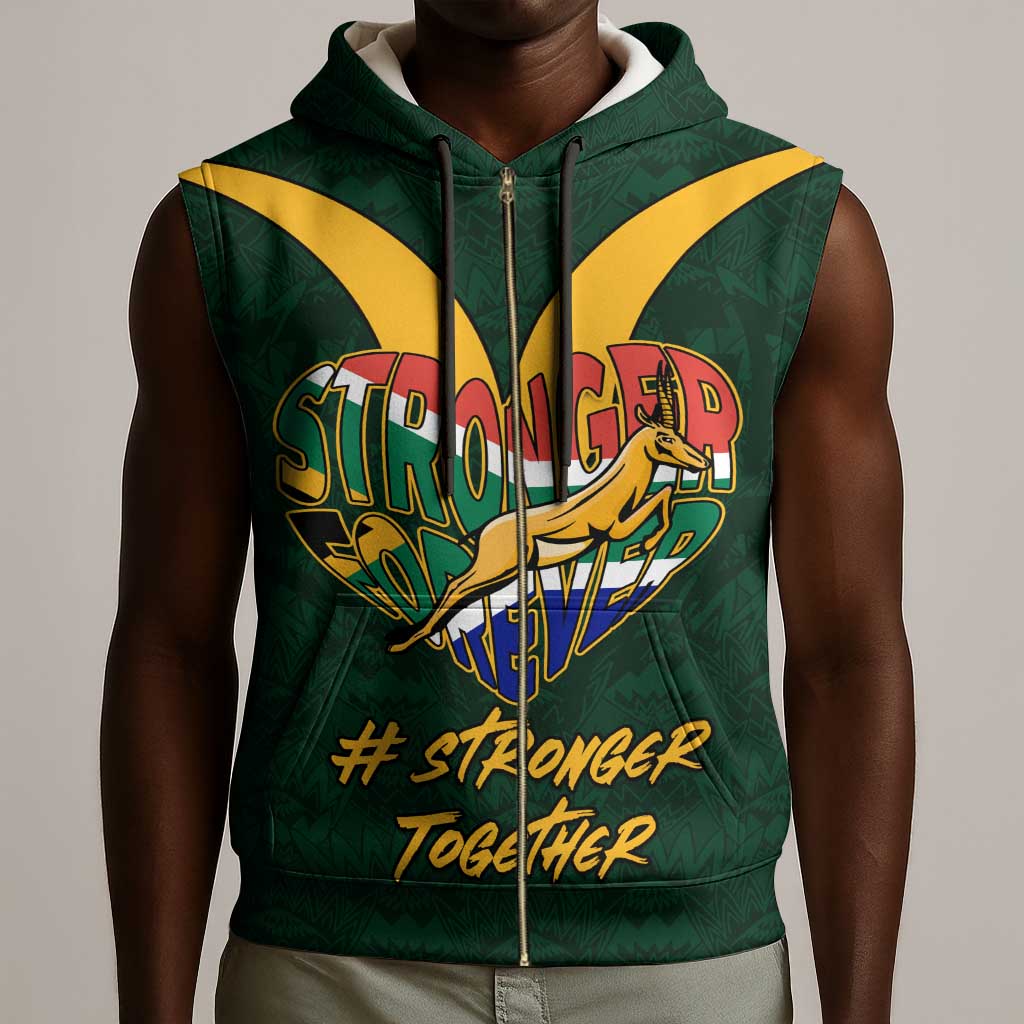 Custom South Africa Rugby Sleeveless Zip Hoodie - Stronger Together, Stronger Forever, Bokke World Cup - African Pride