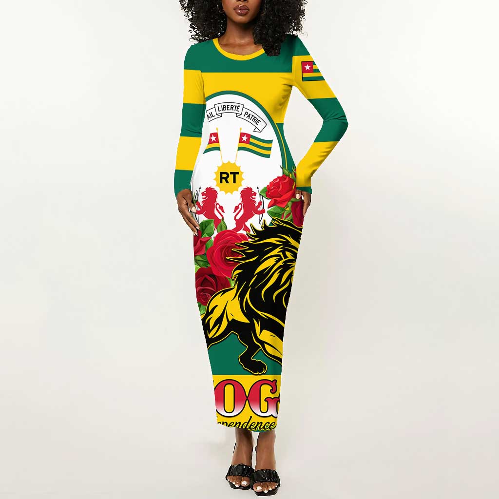 Togo Independence Day Long Sleeve Bodycon Dress Lion With Rosa Flag Style LT01