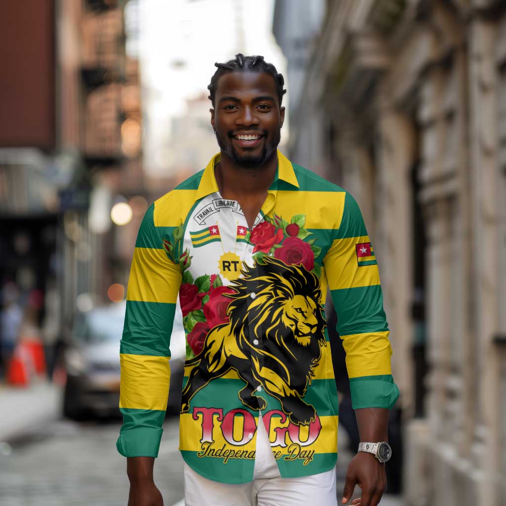 Togo Independence Day Long Sleeve Button Shirt Lion With Rosa Flag Style