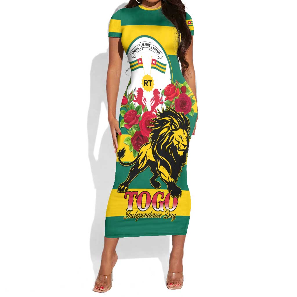 Togo Independence Day Short Sleeve Bodycon Dress Lion With Rosa Flag Style LT01