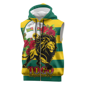 Togo Independence Day Sleeveless Zip Hoodie Lion With Rosa Flag Style - African Pride