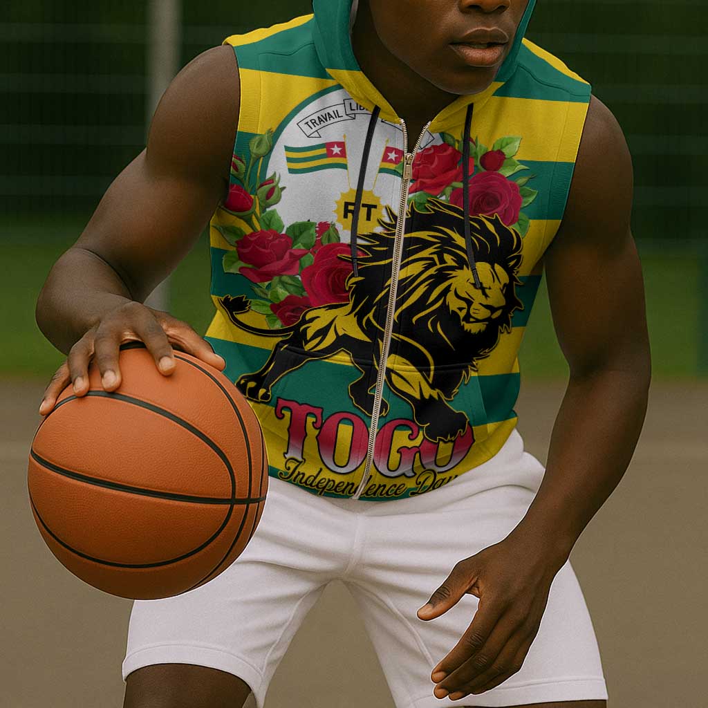 Togo Independence Day Sleeveless Zip Hoodie Lion With Rosa Flag Style - African Pride