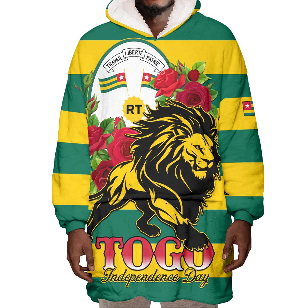 Togo Independence Day Wearable Blanket Hoodie Lion With Rosa Flag Style