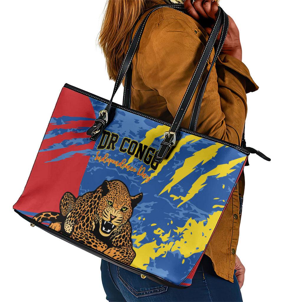 DR Congo Independence Day Leather Tote Bag Congo-Kinshasa Leopard