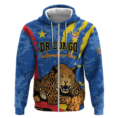 Personalized DR Congo Independence Day Zip Hoodie Congo-Kinshasa Leopard