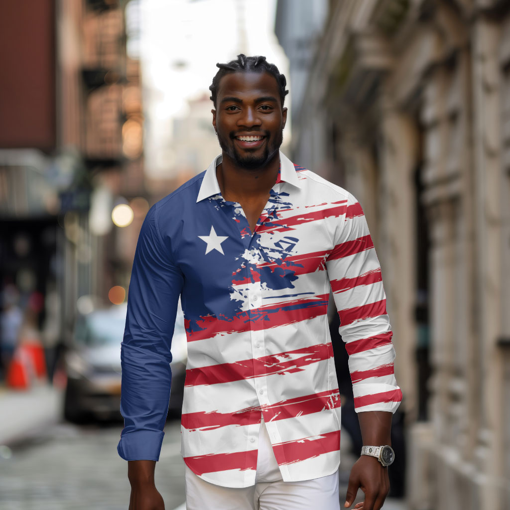 Liberia Flag Long Sleeve Button Shirt Grunge Stylized