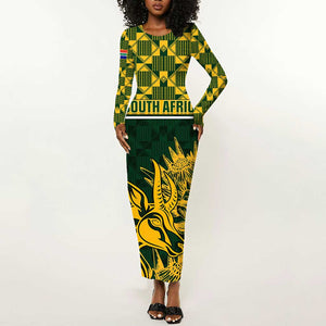 Custom South Africa Rugby Long Sleeve Bodycon Dress - Go Springboks with African Pattern LT01