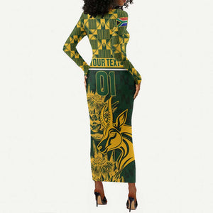 Custom South Africa Rugby Long Sleeve Bodycon Dress - Go Springboks with African Pattern LT01