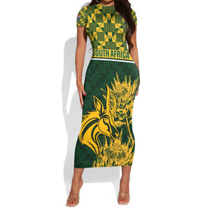 Custom South Africa Rugby Short Sleeve Bodycon Dress - Go Springboks with African Pattern LT01