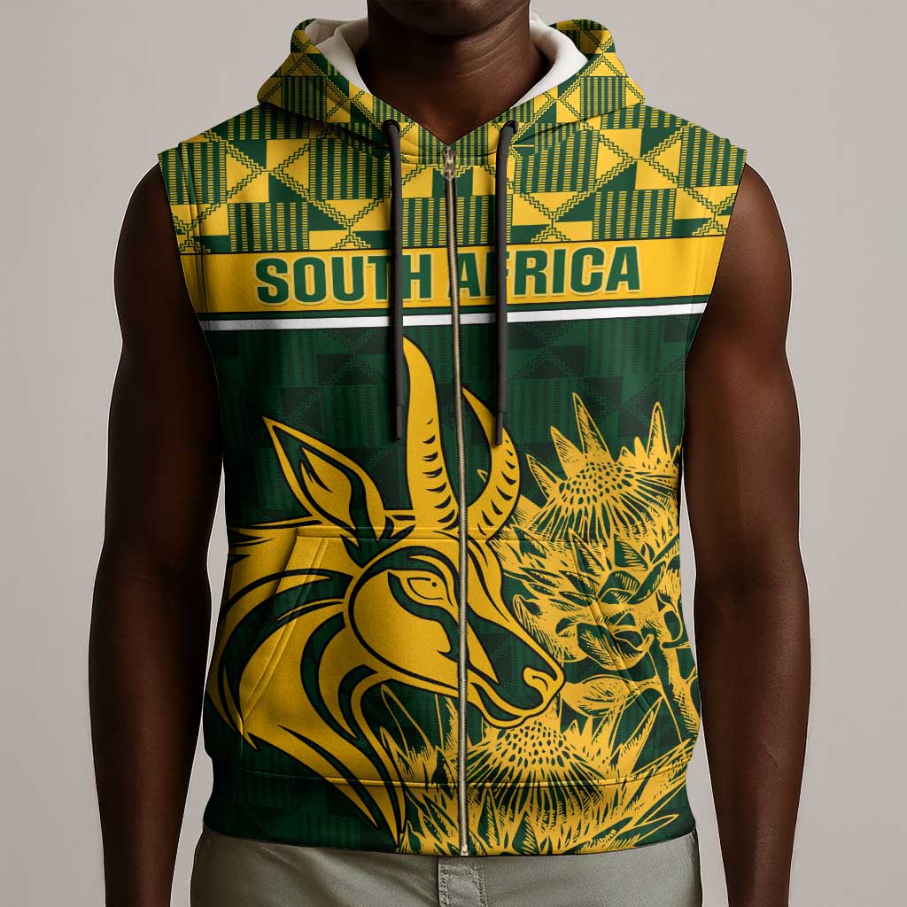 Custom South Africa Rugby Sleeveless Zip Hoodie - Go Springboks with African Pattern - African Pride