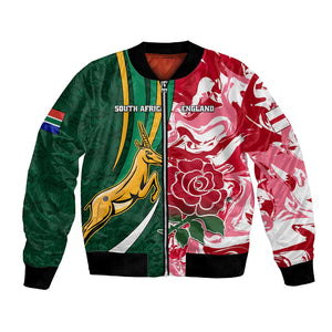 Custom South Africa and England Rugby Bomber Jacket - The Red Rose with Protea Pattern