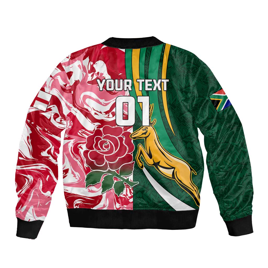 Custom South Africa and England Rugby Bomber Jacket - The Red Rose with Protea Pattern